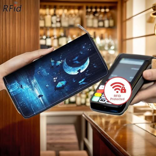 Bxgolkgd Womens Wallet, RFID Blocking Leather Wallet,Large Capacity Wallet Credit Card Holder PU Leather Ladies Clutch with Zipper Coin Pocket - Moon Blue Butterfly3