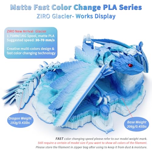 Image of ZIRO Color Change Filament, Matte Gradient Rainbow 3D Printer Filament, Fast Color Changing by Length PLA, Dimensional Accuracy + /-0.03mm, 1KG / 2.2lbs Spool, Fit Most FDM 3D Printer, Glacier