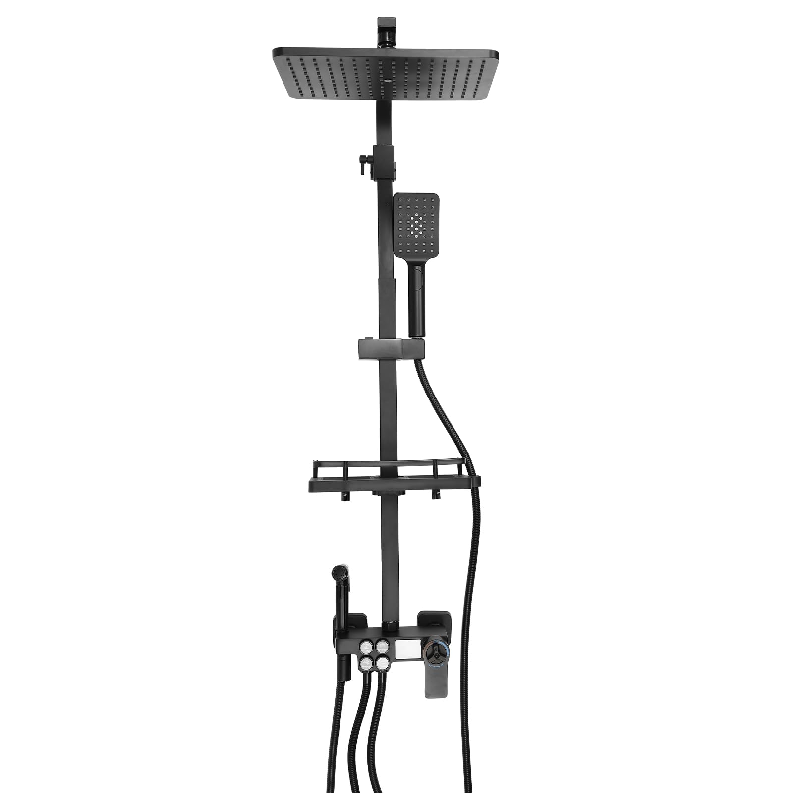 System prysznicowy, czarny, podtynkowy, 29 cm, deszczownica z termostatem LCD, 4 tryby, regulacja wysokości 73-116 cm, armatura prysznicowa, kompletny zestaw, elastyczny, silikonowe wyloty