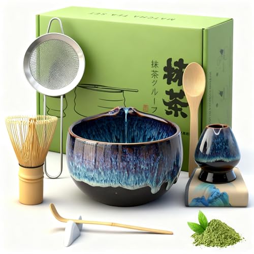Matcha Set, Matcha Tea Set 8-Teiliges mit Matcha Besen, Matcha Schale Matcha Whisk, Matcha Löffel, Sieb, Matcha-Besenhal...
