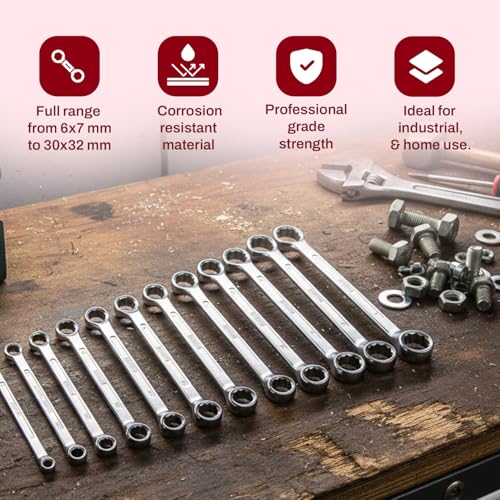 Image of DeNeers 13-12M 12 pc Ring Spanner set (6x7-30x32mm) used in a wide range tasks, from automotive maintenance to general mechanical work.Suitable for Professional, Industrial, Home and DIY use