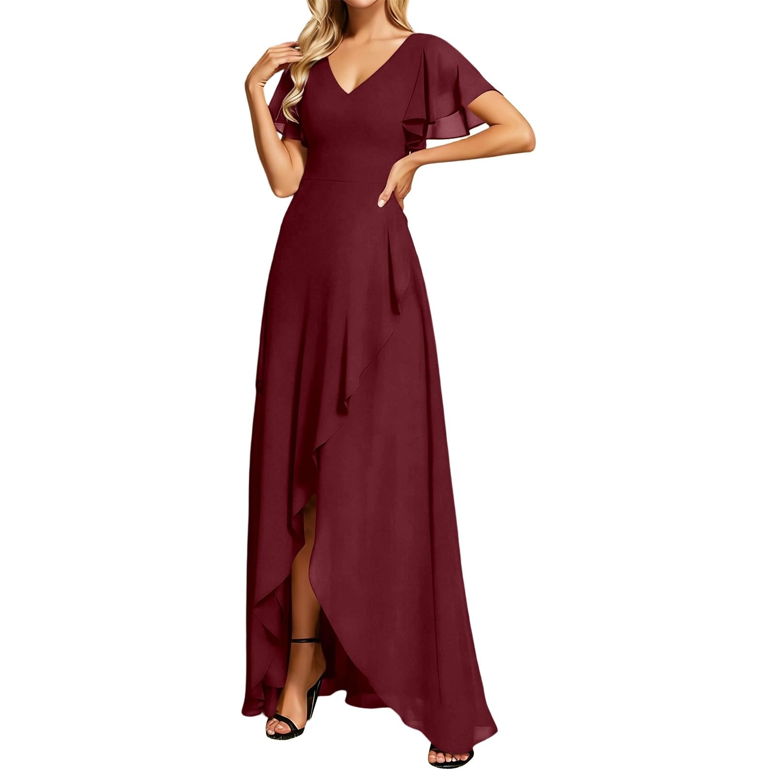 Abito estivo da donna, in chiffon, girocollo, lunghezza al ginocchio, abito da sera, corto, linea A, per il tempo libero, elegante, mini abito da festa