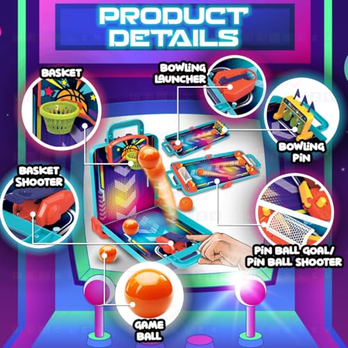 Image of Wembley 3 in 1 Alley Ball Game for Kids Includes Pinball Bowling Basketball Arcade Machine Toy Tabletop Indoor Game Easy to Assemble Birthday Gift for Boys Girls, Multicolor