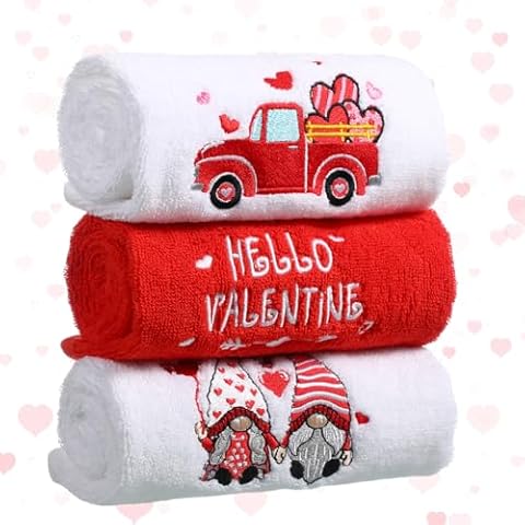 WovWeave 3 Pack Valentine's Day Hand Towels for Bathroom Embroidered 100% Cotton 13.7 x 29.5 in Heart Love Bath Hand Towels Valentines Day Dish Towel Set Kitchen Gift Decor Drying(Red,Truck) Cover