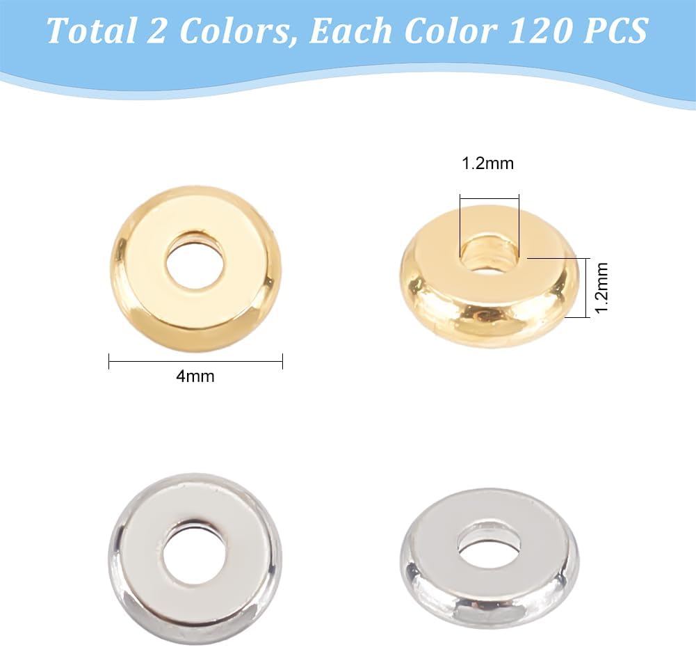 UNICRAFTALE About 120Pcs 2 Colors Flat Round Beads 4mm Stainless Steel Disc Beads Rondelle Spacer Bead Round Loose Bead for DIY Jewelry Making Hole 1.2mm - Image 3
