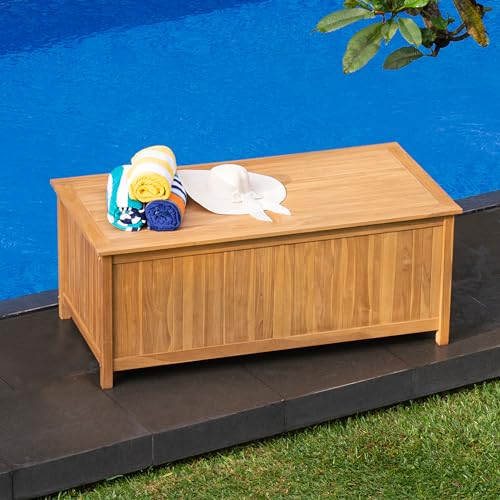 Image of Cambridge Casual Arie 60-Inch Teak Outdoor Deck Storage Box Chest, Weather-Resistant Patio Organizer with Soft-Close Lid for Pool, Garden & Backyard, 119 Gallons Outdoor Storage Box