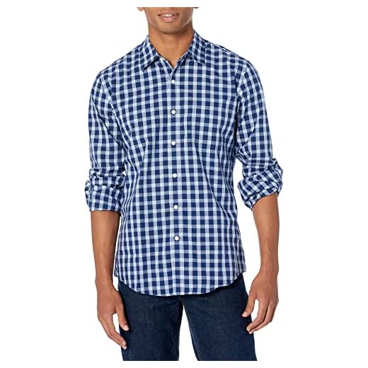 Amazon Essentials Men's Slim-Fit Long-Sleeve Poplin Shirt, Navy White Plaid, Large