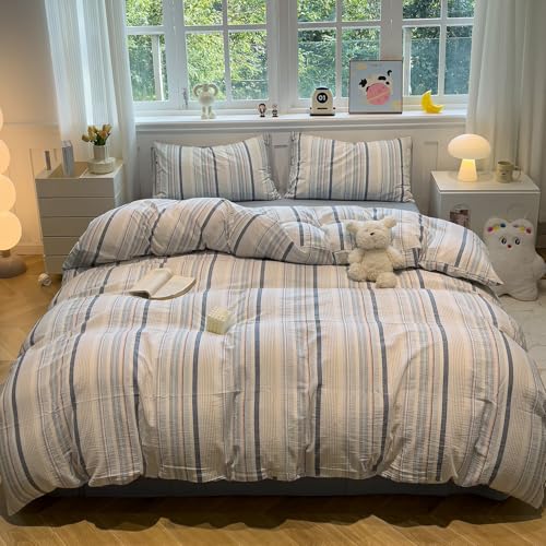 Image of mixinni Vintage Blue and White Striped Duvet Cover Set King - 100% Washed Cotton 3 Piece Bedding Set with Geometric Pattern, Soft Breathable Comforter Cover with Zipper Closure & Corner Ties