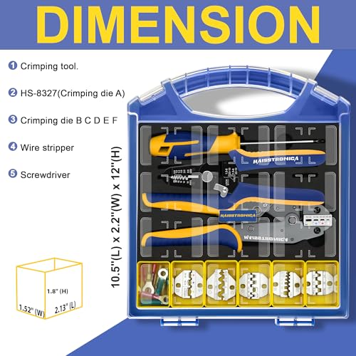 Image of haisstronica Crimping Tool Set, 6PCS Dies Wire Stripper and Screwdriver | Interchangeable Dies, AWG Markings, Custom-Fit Storage, Secure Jaw Retention, At-a-Glance Inventory, Electronics Repairs