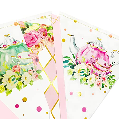 Image of Spring Tea Party Decorations Pink and Gold Floral Flower Butterfly Teapot Teacup Plaid Paper Triangle Flag Pennant Banner Bunting for Spring Birthday Wedding Bridal Baby Shower Engagement Tea Party