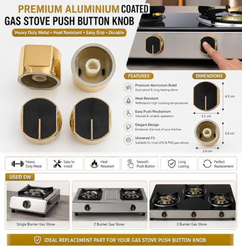 Image of Universal fit Knob for Gas Stove Replacement Parts | Long Lasting, Smooth Operation, Premium PVC On-Off Push Type 8 MM Spindle Black Knob for All Sleek Slim Modal Gas Stove (GOLD, PACK OF 2)