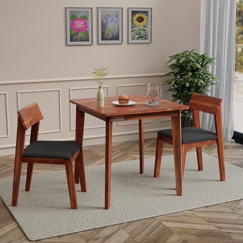Image of DRIFTINGWOOD Liana 2-Seater Sheesham Wood Dining Table Set � in Natural Honey Finish with Table & 2 Cushioned Chairs � Ideal for Small Kitchens & Compact Living Spaces � Assembly Required (Gray)