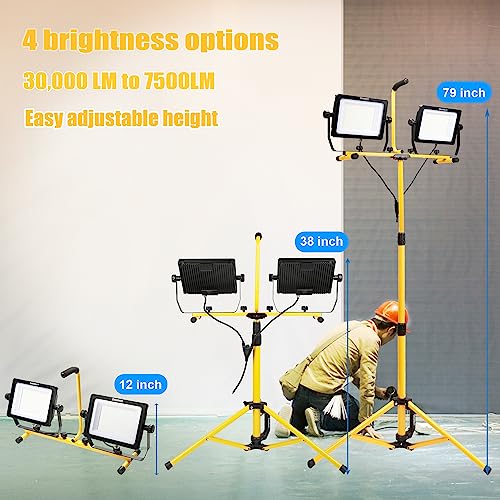Image of 270 W 30000 Lumen Dual-Head LED Work Light with Tripod Stand, 4 Brightness Adjustable, IP 65 Waterproof 13 Ft Power Cord
