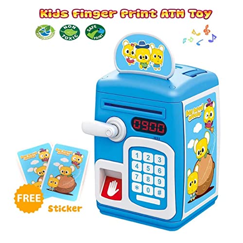 Image of Electric ATM Piggy Bank for Kids with Password Protection and Finger Sensor, Auto Roll Money Notes - Blue, Modern