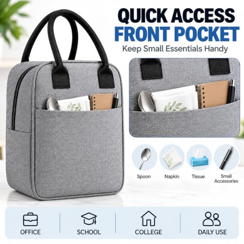 Image of Start Fount Lunch Bag for Office, School & College, Reusable Tiffin Carry Bag with Zipper & Front Pocket, Lightweight Lunch Organizer Bag for Men & Women, Grey