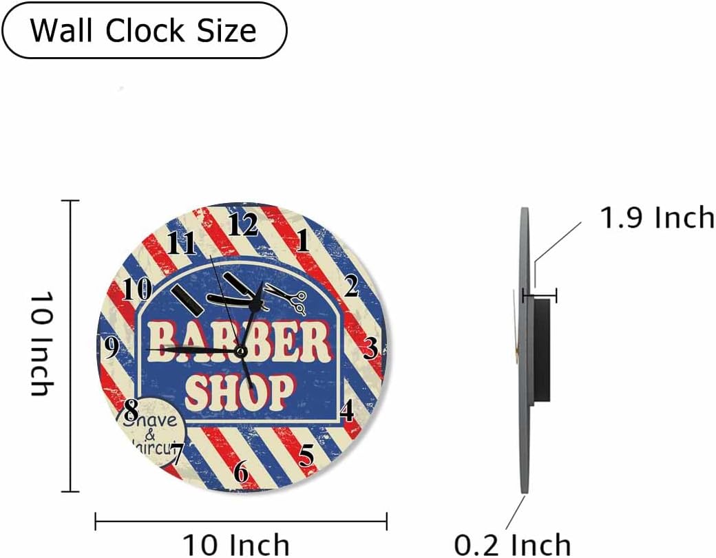 Barber Shop Round Wall Clock Quartz Silent 10 Inch, Barbershop,Advertising,Haircut,Scissors,Combs Battery Operated Rustic Clock Decorative for Home/Office/School Classroom Outdoor