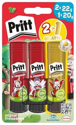 Pritt Zestaw naklejek w sztyfcie, bezpieczny i przyjazny dla dzieci klej do prac artystycznych i majsterkowania, mocny klej do szkoły, 2 x 22 g oryginalny i 1 x kolorowy długopis Pritt 20 g, 9H PBS2B