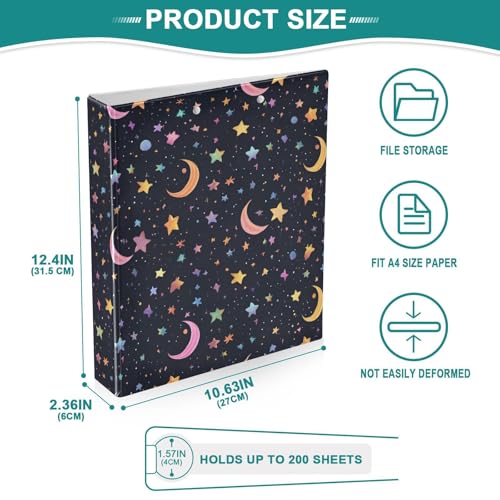 Image of 3 Ring Binder Star Moon Black 1.5 inch Binders Three Ring Binders with Clipboard Fit 8.5'' x 11'' Paper 3 Interior PVC Clear Pockets for Office Supplies