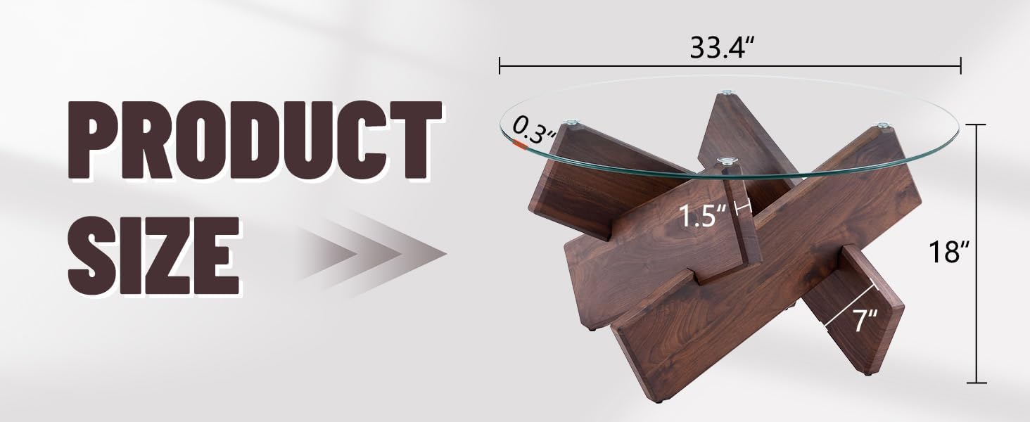 33.4" Modern Round Glass Coffee Table with Clear Tempered Glass Top, Sleek Circle Coffee Table with Stable Wood Texture MDF Legs, Stylish Living Room Table for Small Spaces, Apartment, Office,Walnut