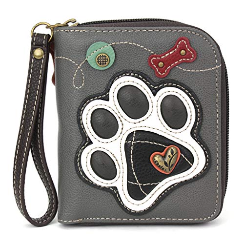Image of CHALA Zip Around Wallet, Wristlet, 8 Credit Card Slots, Sturdy Pu Leather - B&W Paw Print - Gray