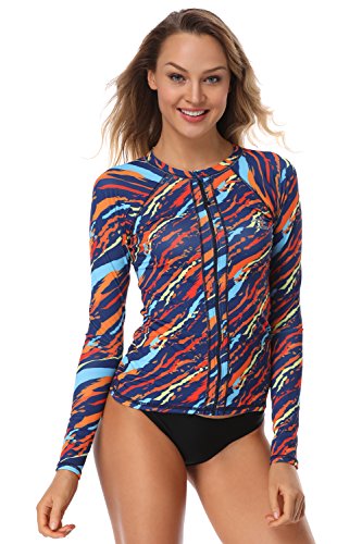 AXESEA Women Long Sleeve Rash Guard UPF 50+ UV Sun Protection Zip Front Swimsuit Shirt Printed Surfing Shirt Top Sunshine 4