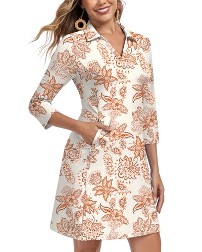 Image of WOWENY 3 /4 Sleeve Dress for Women with Pockets V Neck UPF 50+ Casual Sun Dress Breathable Quick Dry Beach Vacation