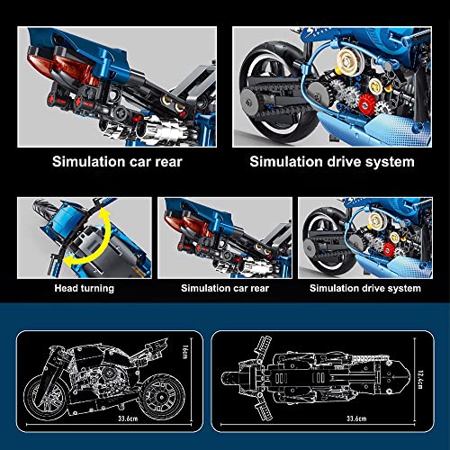 BOWES Technik Motorrad Blau Motorrad Modell, 619 Teile Technic Motorrad Model Bausatz Kompatibel mit Lego Technik – Bild 5