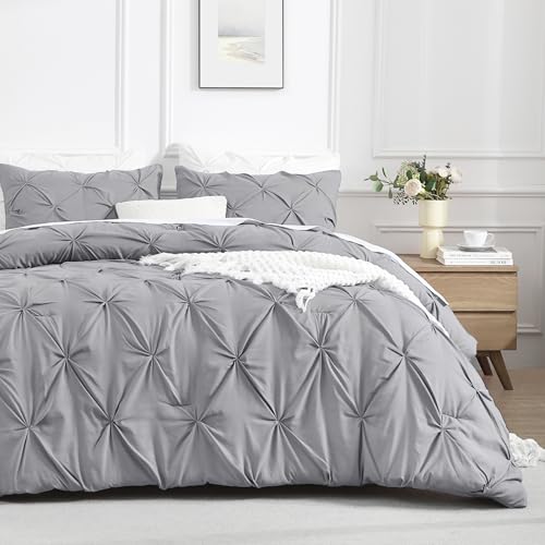 Image of Andency Twin Pinch Pleat Comforter Set (66 inchx90 inch),3 Piece Lightweight Pintuck Bedding Comforters & Sets, Fluffy Down Alternative Comforter with 2 Pillow Shams for All Season,Silver Gray