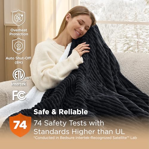 Image of Bedsure GentleSoft Heated Blanket Throw - Soft Ribbed Flannel Electric Blanket, Heating with 6 Time Settings (Up to 10H), 6 Heat Settings & 8Hr Timer Auto Off, Gifts for Grandma (50x60 inches, Black)