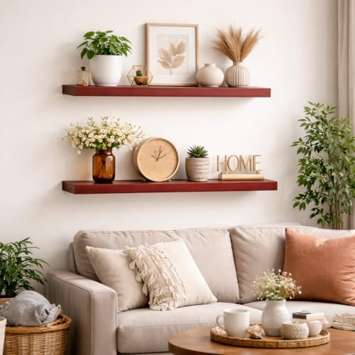 Image of Premium Wood Floating Shelves Set of 2-50cm Wall Mounted Storage Display Racks for Living Room & Bedroom, Sturdy Wood Shelves for Home Decor, Easy Install, Rich Polish Finish, Brown