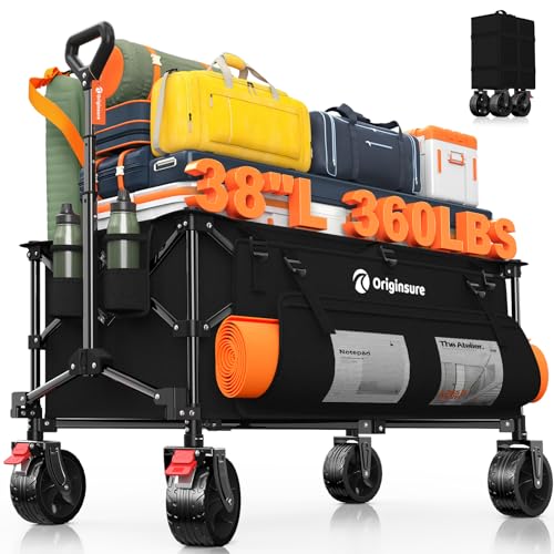 Originsure 220L Collapsible Wagon Cart Foldable, 38' L Extra Large Heavy Duty Folding Beach Wagons with All-Terrain Wheels, Utility Carts for Camping, Sports, Shopping, Groceries - Black