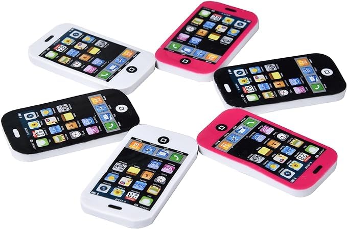 6 Pack Mini Smartphone Shaped Erasers, Black/Pink/White, Rubber, Fun Stationery for School, Classroom Rewards