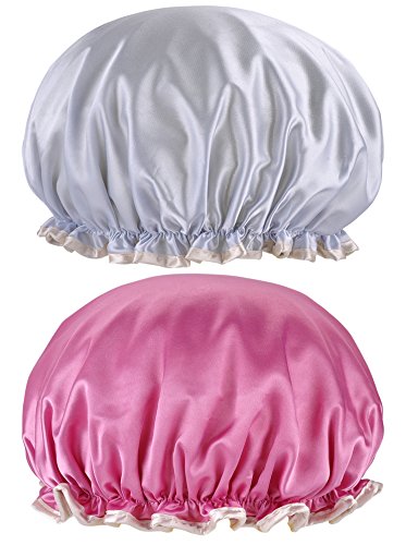LyneeRan 2 Pack Waterproof Shower Cap Double Layers Bath Cap for Women,Reusable Spa Cap (silver grey and pearl pink)