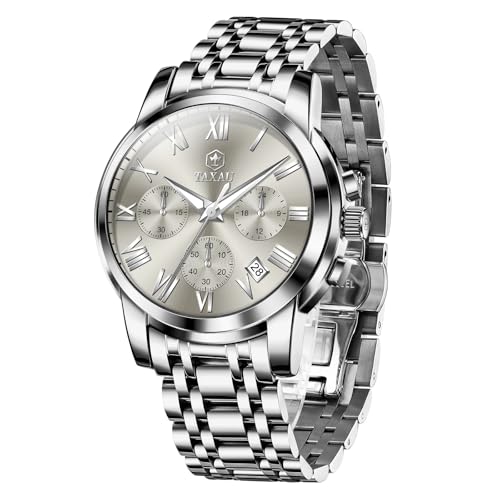 Taxau Men's Chronograph Watch Quartz Stainless Steel Wrist Watch with Date Multi-Function Luxury Dress Watch for Men