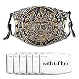 Magic Face Cover with Activated Carbon 6 Filter, Isolate Dust Breathable Face Scarf, Vintage Chicano Maya Aztec Calendar Neck Warmer Hood for Training Climbing Kitchen