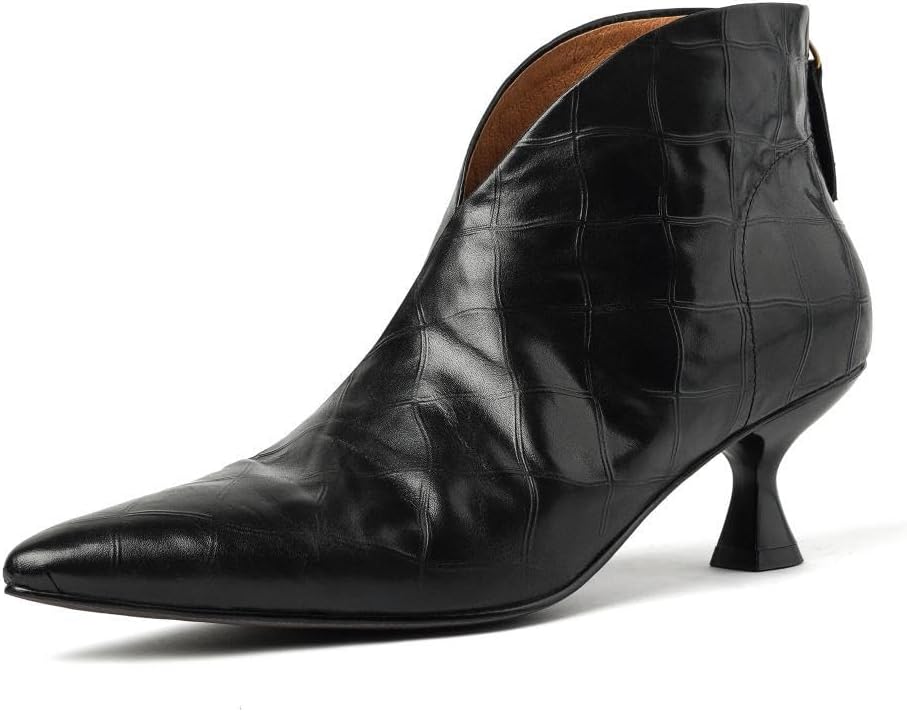 TinaCus Handmade Genuine Leather V-cut Pointed Toe Sexy Kitten Heel Ankle Boots Back Zip Booties for Women