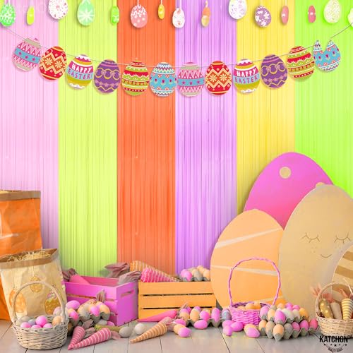 Image of KatchOn, Pastel Multicolor Foil Fringe Curtains - Pack of 2 | Pastel Colourful Photo Backdrop, Rainbow Foil Fringe Backdrop | Easter Decorations for Home | Baby Shower, Birthday Decorations