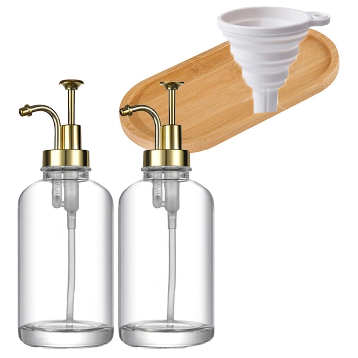 Distributeur de Savonnette Liquide en Verre 500 ML Lot de 2 Flacons Transparents Pompe Dorée Accessoire la Cuisine et Salle de Bain Inclut Entonnoir Stickers et Plateau