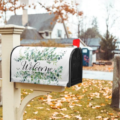 Image of Welcome Spring Summer Mailbox Covers Magnetic- Standard Size 21x18 Inch- Sage Green Eucalyptus Leaves Wreath Mailbox Wrap Letter Post Cover Decoration for Yard Garden Outdoor Home