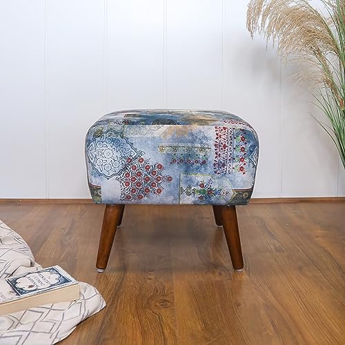 Image of The Artage Puffy Stool for Living Room Vanity Dressing Table Sitting Blue Printed Premium Foam Cushioned Pouffe Ottoman for Foot Rest Stool for Home Decor Furniture Wooden (Floral) (Soft Blue)