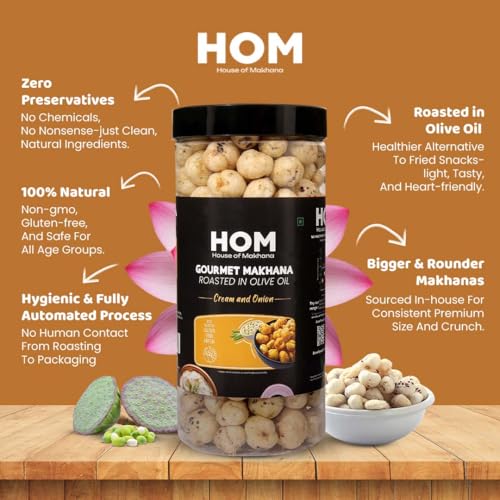 Image of H O M House Of Makhana 130g Cream and Onion And Peri Peri Gourmet Makhana Jar Roasted in Olive Oil, Flavored Makhana Pack of 2 (65gX2)