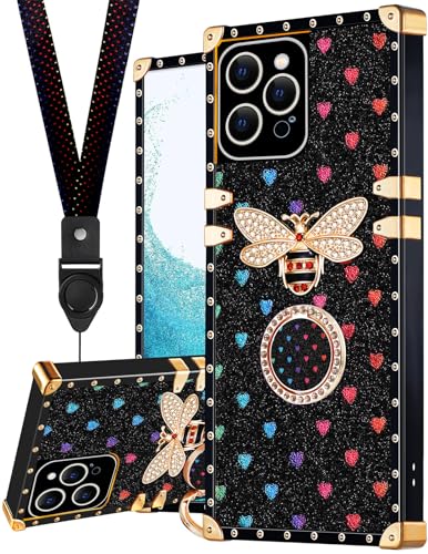 Coque rétro de luxe pour iPhone 14 Pro Max avec cordon et élégante abeille