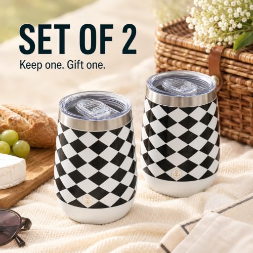 Image of Biddlebee 12 oz Insulated Stemless Wine Tumblers with Lids, Set of 2 | Stainless steel, keeps drinks hot or cold for hours; unbreakable outdoor and travel wine glasses; gift for women