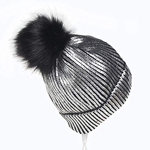 Women Girls Metallic Winter Hat Soft Warm Knitted Beanie Pom Pom Skull Cap (Silver) #TOP3