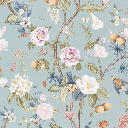 Abyssaly Papier Adhesif pour Meuble Imperméable, Bleu Papier Peint Adhesif Mural Fleuri Feuilles, Rouleau Film Autocollant Decoratif pour Meuble Mural Cuisine...