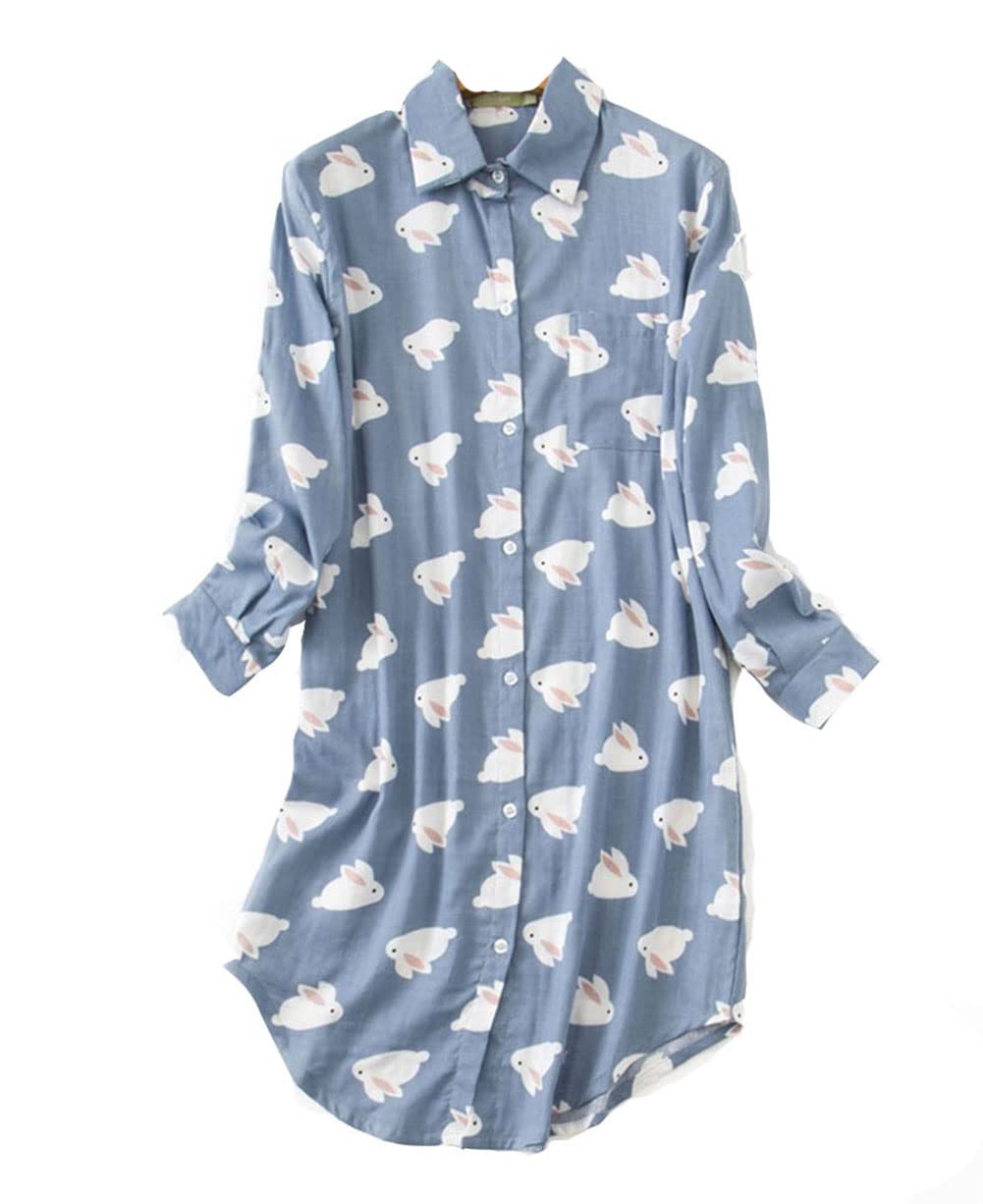 Womens Nightshirt Long Sleeve Cotton Sleep Shirt Button Down Nightdress Sleepwear Nightshirts Women