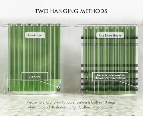 Image of AmazerBath No Hook Shower Curtain Liner, 100% EVA Heavy Duty Hookless Shower Curtain and Liner 3-in-1, 72x75 Luxury Soft Shower Liner with 3 Heavyweight Stones, Clear Green