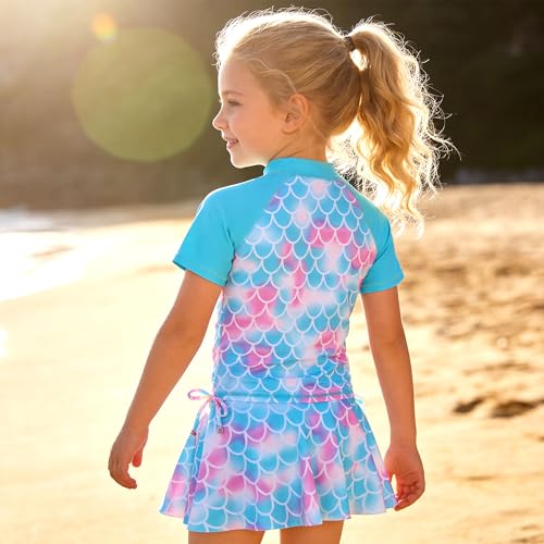 Image of BAOHULU Girls Two Piece Swimsuits Rash Guard Ruffle Bikini Skirt Short Sleeves Beach Dress Swimwear UPF 50+ 3-12Y