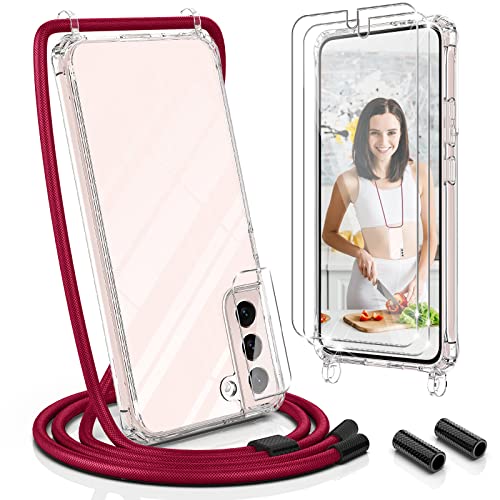UYMO Handykette Hülle Kompatibel mit | Samsung Galaxy S22 Plus 6.6" | - mit 2er Schutzfolie und kameraschutz Stylische Necklace Schutz Handy hülle mit Band zum Umhängen Kordel TPU Case, Rot Cover