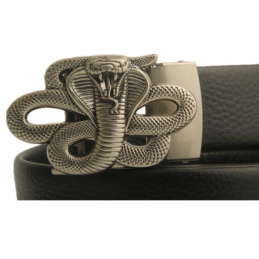 Men's Leather Ratchet Belt 39"-79" (100-200cm) - Silver Animal Buckle Adjustable Casual Dress Strap4